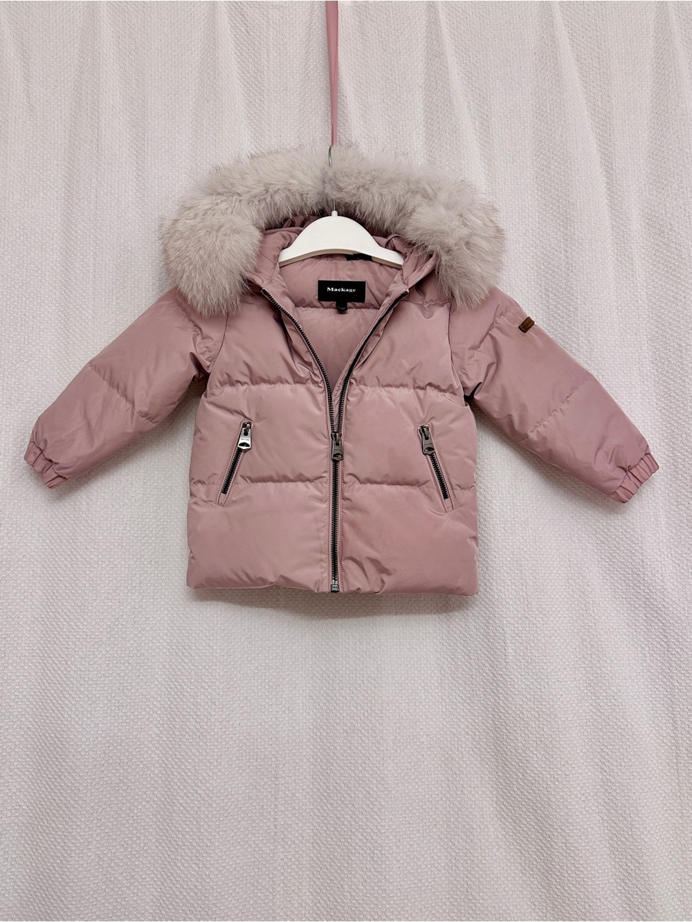 Mackage Down Dusty Pink Blue Fox Fur Trim Puffer Jacket for Kids